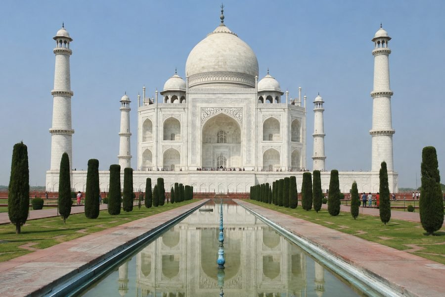The Taj Mahal and its reflecting pool in Agra